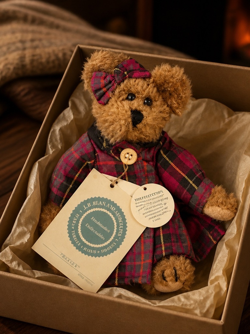 Boyds Bears Plaid Dress Brown Plush Bear with Pink & Green Tartan Outfit